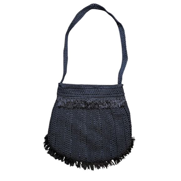 Vtg Handmade Black Macrame Purse W/Fringe 70s Boho Hippie Festival Vacay Summer - Picture 1 of 11